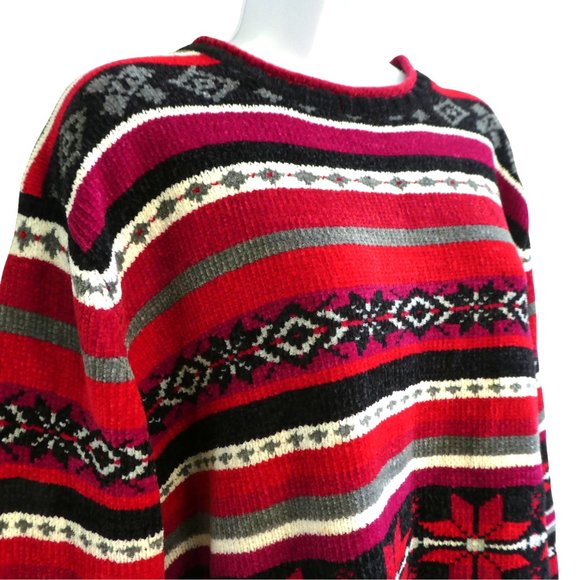 Vintage Sweaters - Vintage Erika Chenille FairIsle Sweater No Itch Acrylic Stripes Festive XL